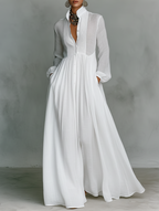 Elisea · Vestido minimalista de patchwork en algodón y lino con cuello alto