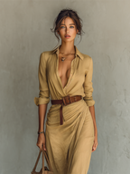 Vestido largo de manga larga con cuello de solapa para mujer