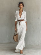 Vestido largo de manga larga con cuello de solapa para mujer