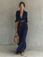 Vestido largo de manga larga con cuello de solapa para mujer