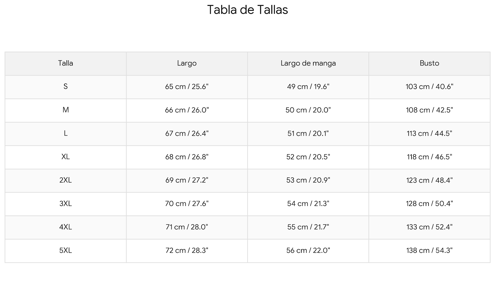 Guía de tallas