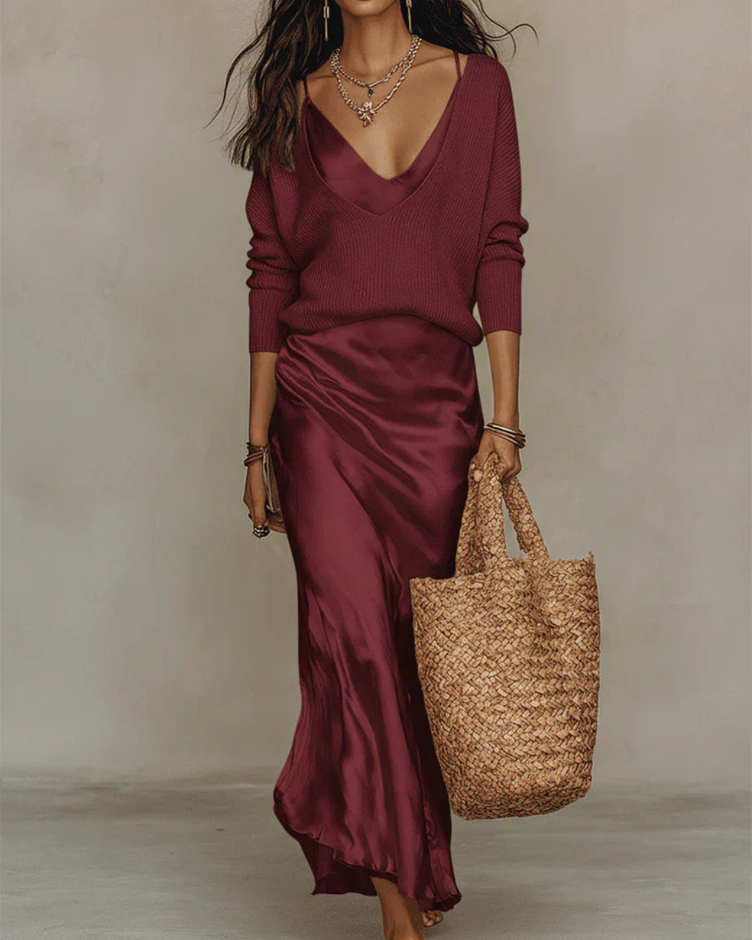 Elen – Conjunto de vestido y jersey de satén con encanto atemporal.