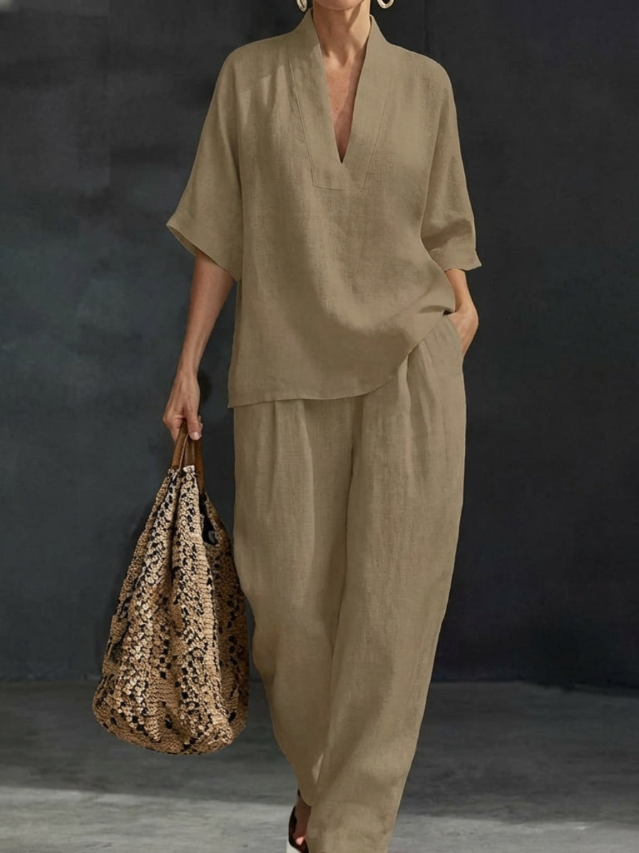 Maribel™ | Conjunto de lino con mangas murciélago y pantalón ancho