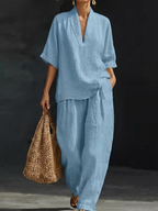 Maribel™ | Conjunto de lino con mangas murciélago y pantalón ancho