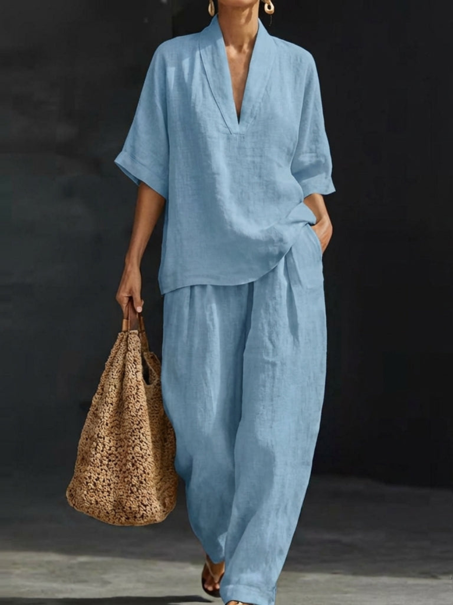 Maribel™ | Conjunto de lino con mangas murciélago y pantalón ancho