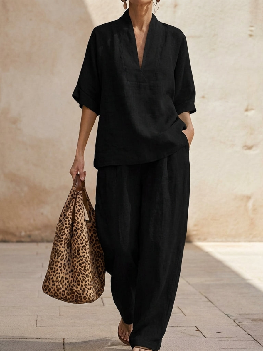 Maribel™ | Conjunto de lino con mangas murciélago y pantalón ancho