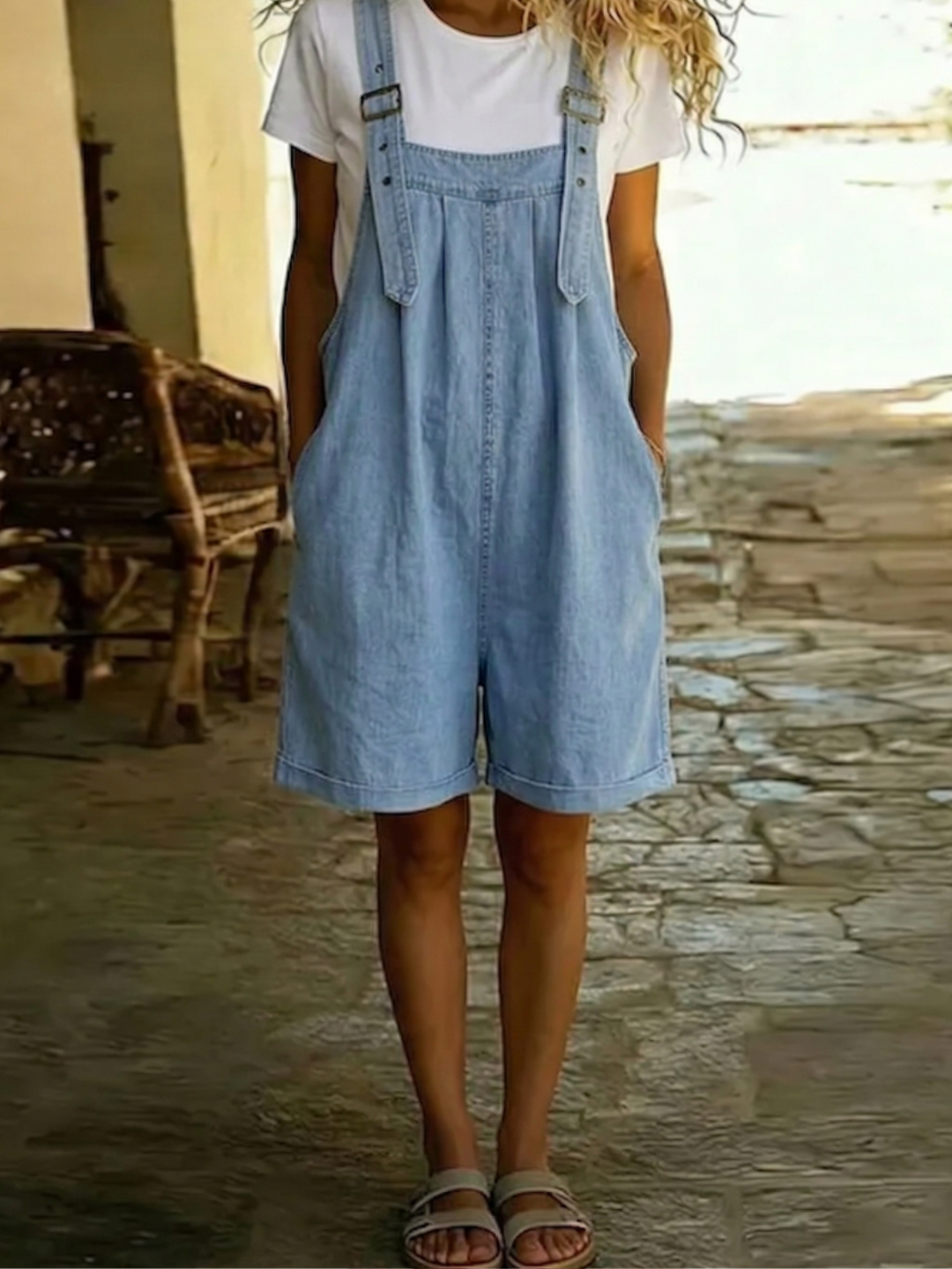 Isabel - Mono corto vaquero con tacto suave de algodón y lavado vintage, azul claro.