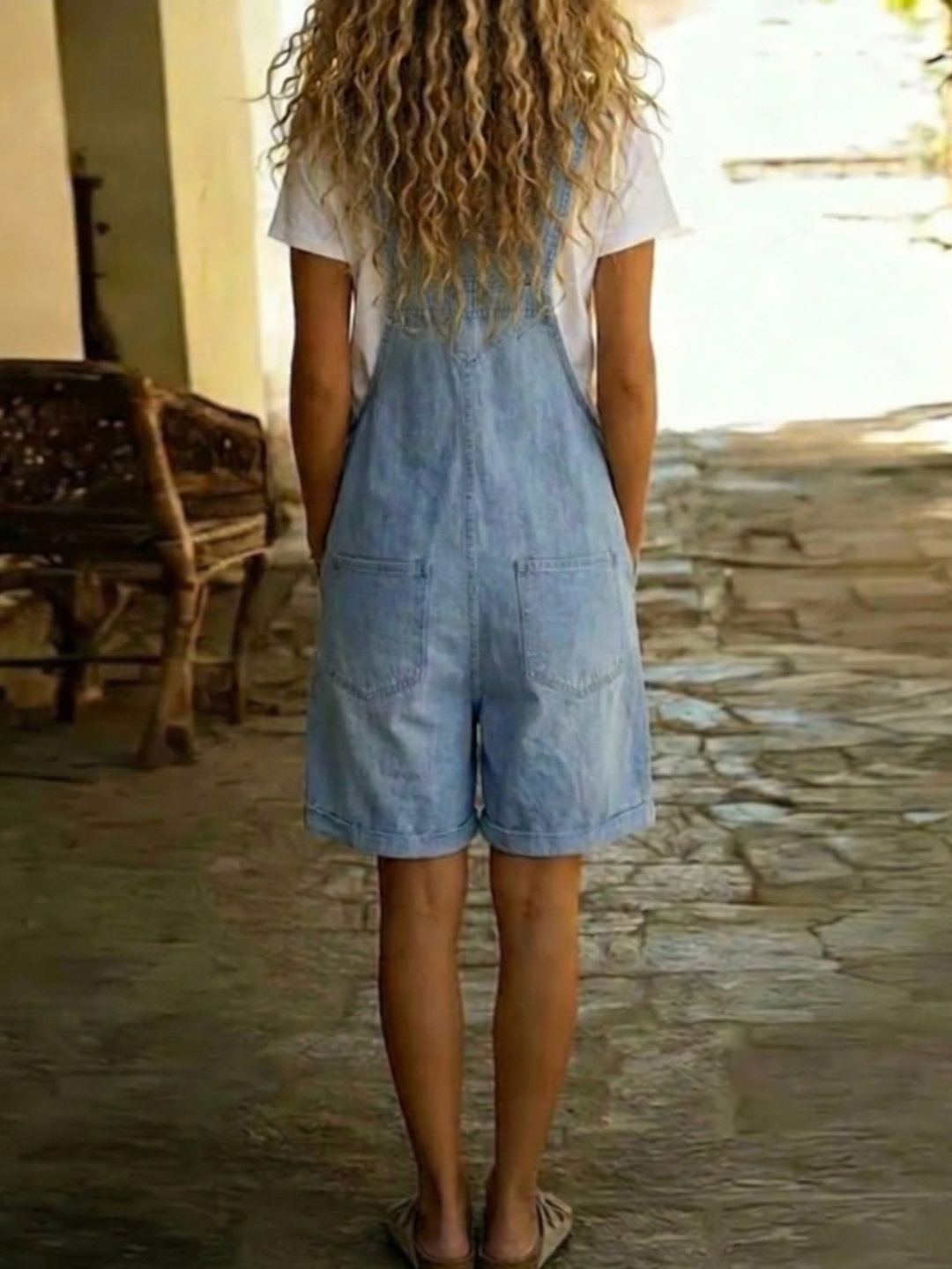 Isabel - Mono corto vaquero con tacto suave de algodón y lavado vintage, azul claro.