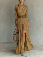 Vestido largo de lino para mujer con cuello de solapa y mangas largas.