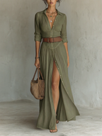 Vestido largo de lino para mujer con cuello de solapa y mangas largas.