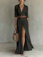 Vestido largo de lino para mujer con cuello de solapa y mangas largas.