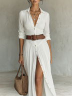 Vestido largo de lino para mujer con cuello de solapa y mangas largas.