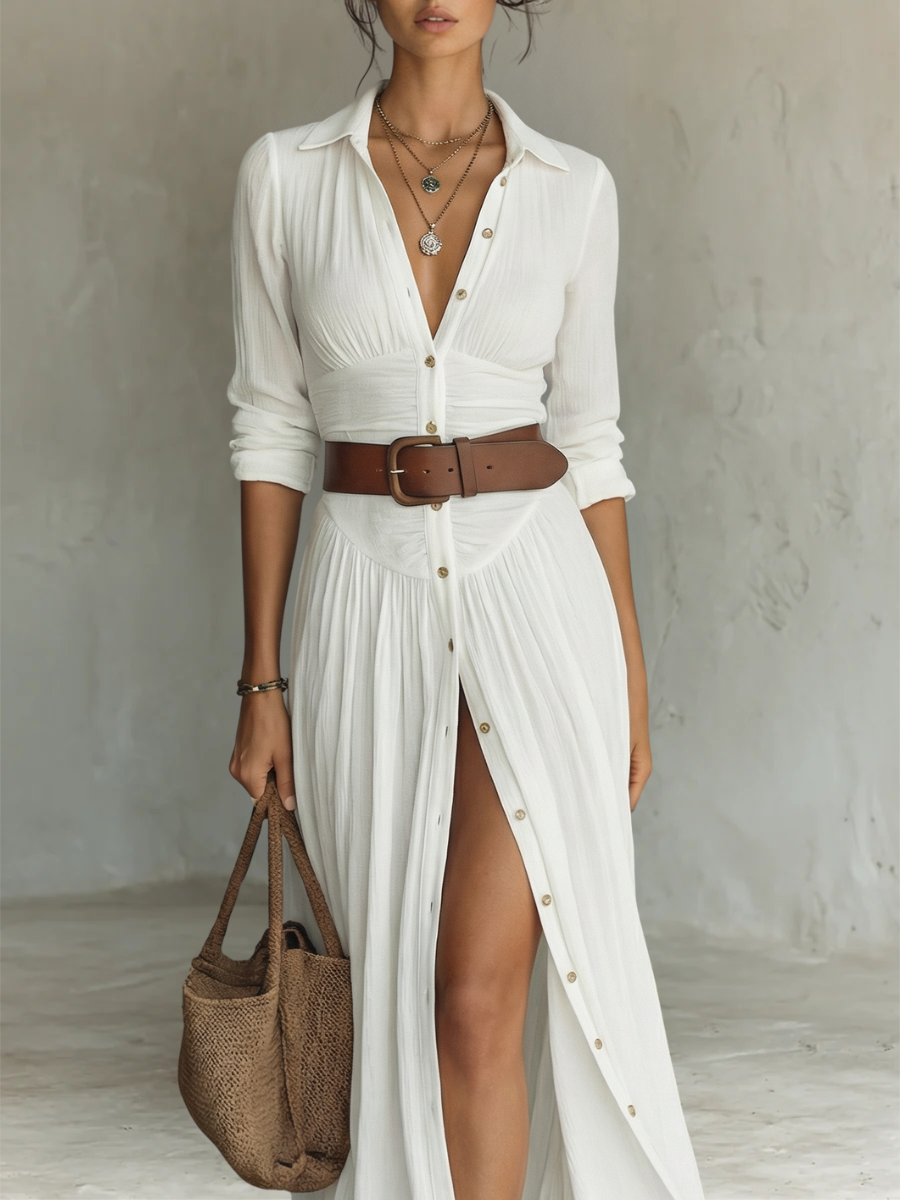 Vestido largo de lino para mujer con cuello de solapa y mangas largas.