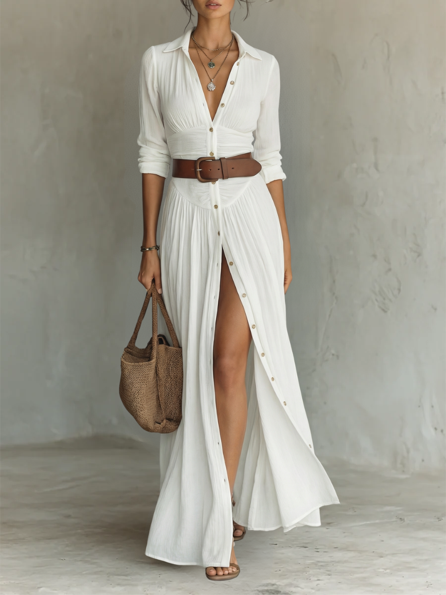 Vestido largo de lino para mujer con cuello de solapa y mangas largas.