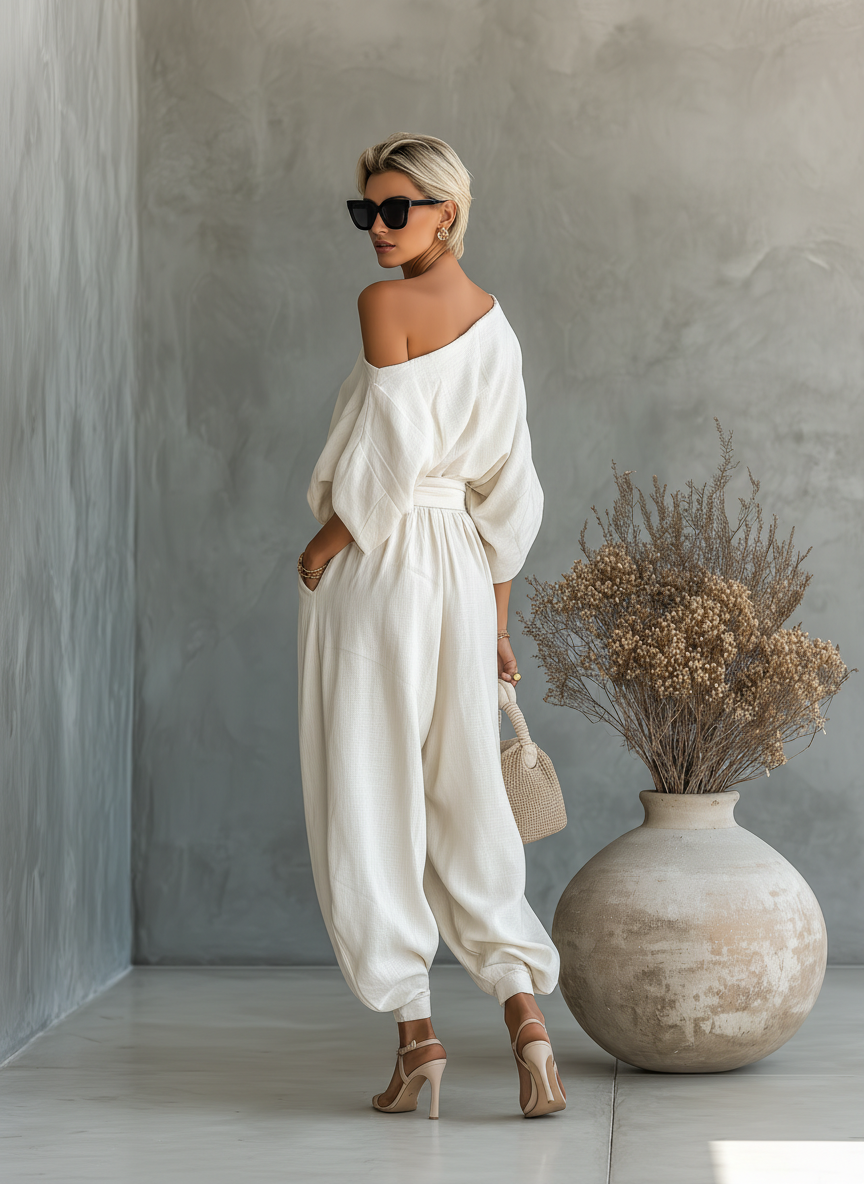 Conjunto de lino para mujer en color blanco roto