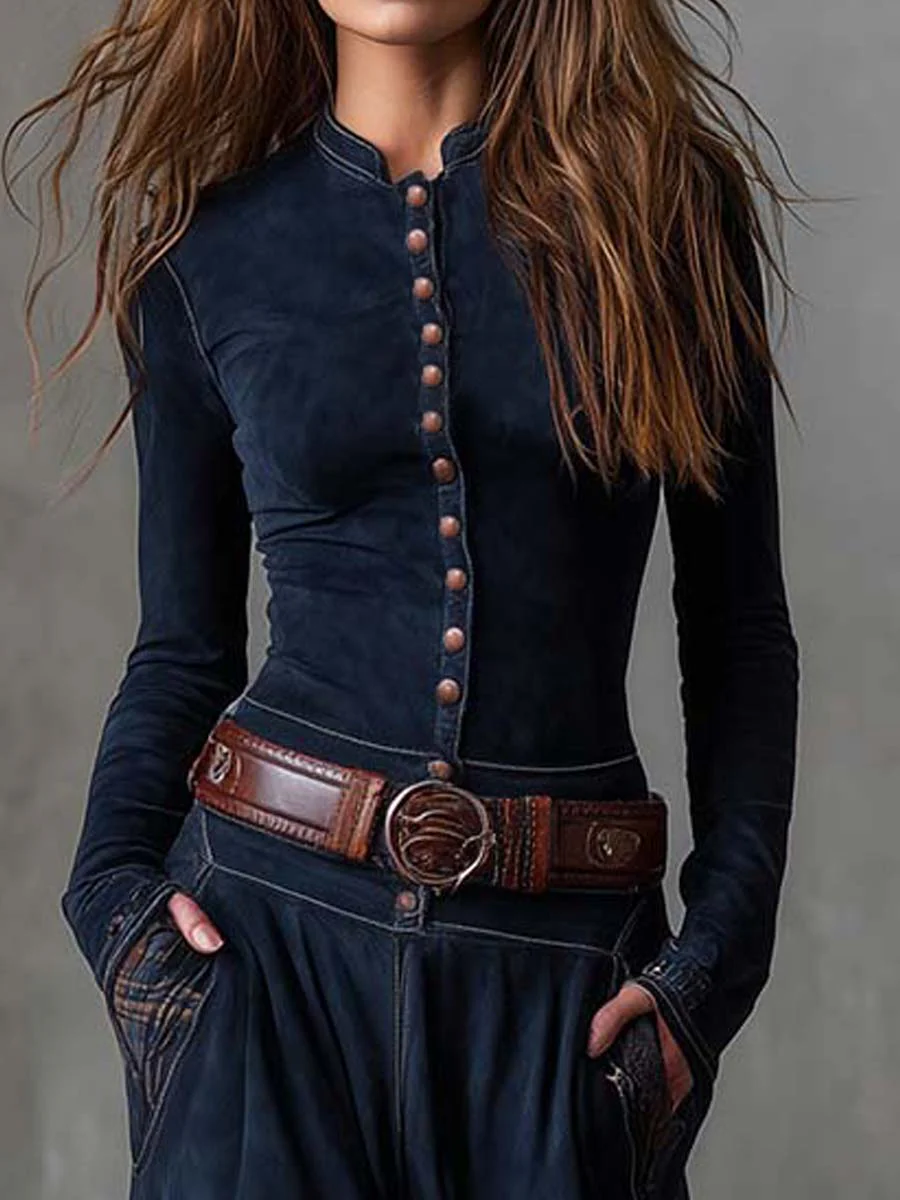 Martine · Vestido largo de ante con diseño a cuadros azul marino