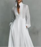 Elisea · Vestido minimalista de patchwork en algodón y lino con cuello alto