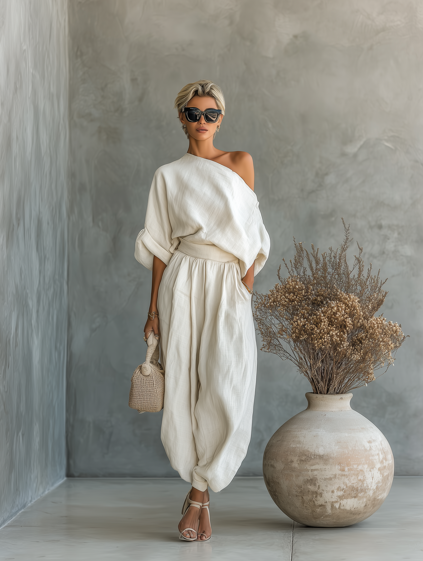 Conjunto de lino para mujer en color blanco roto